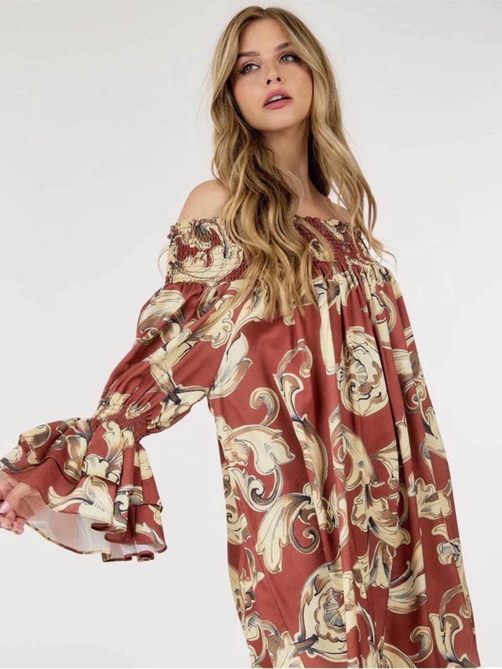 0247.  Off-Shoulder Boho Paisley Mini Dress in Rust - Picture 2 of 4